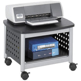 A printer situated on a cart, topped with a box, illustrating a functional workspace arrangement.